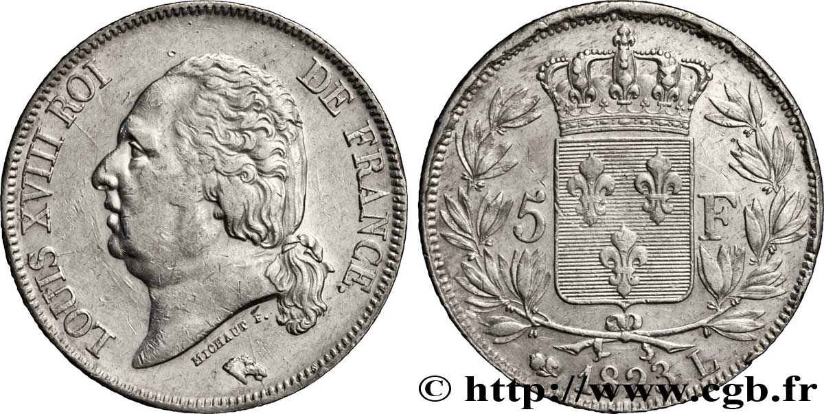 5 francs Louis XVIII, tête nue 1823 Bayonne F.309/83 MB35 