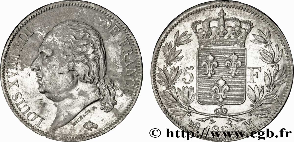 5 francs Louis XVIII, tête nue 1823 Toulouse F.309/84 MBC48 