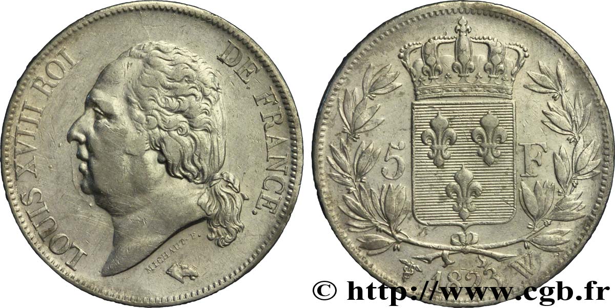 5 francs Louis XVIII, tête nue 1823 Lille F.309/87 VF35 