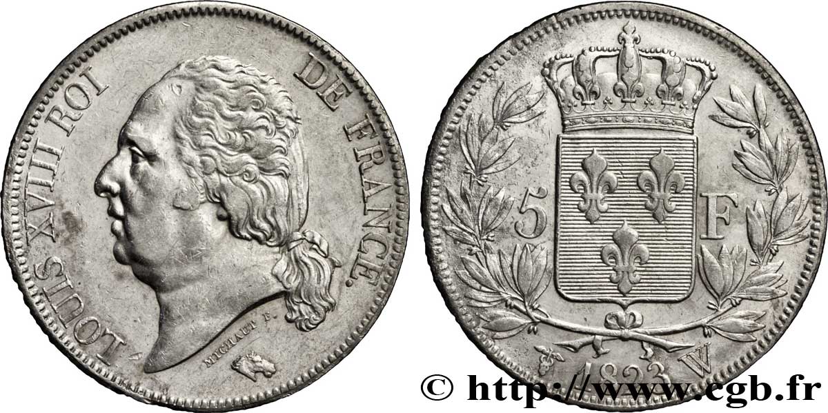 5 francs Louis XVIII, tête nue 1823 Lille F.309/87 XF45 