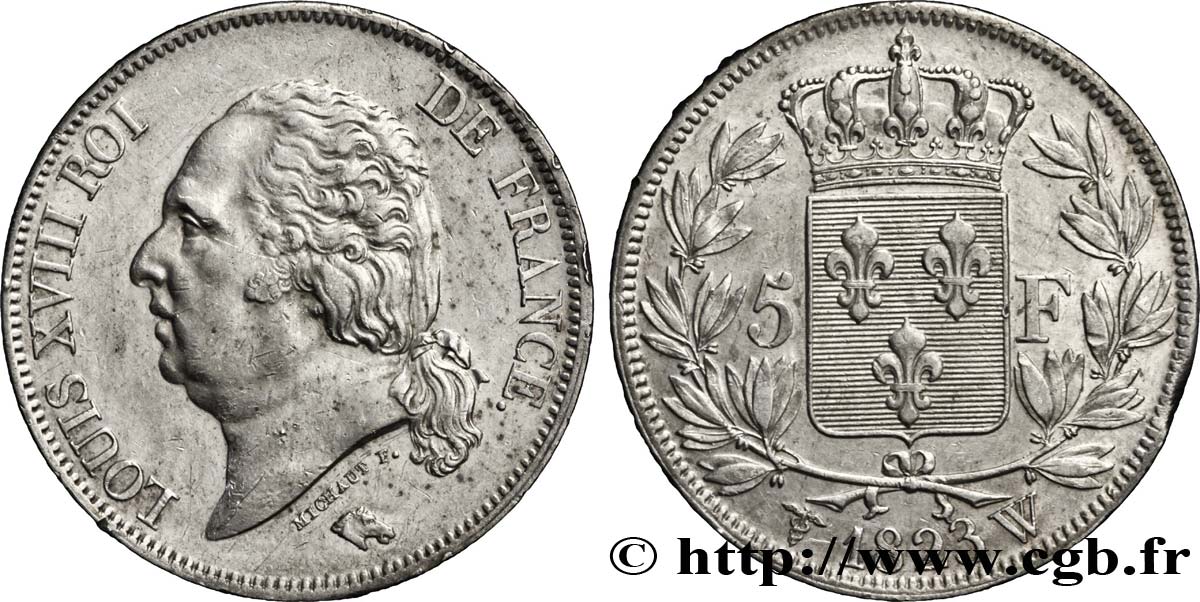 5 francs Louis XVIII, tête nue 1823 Lille F.309/87 BB50 
