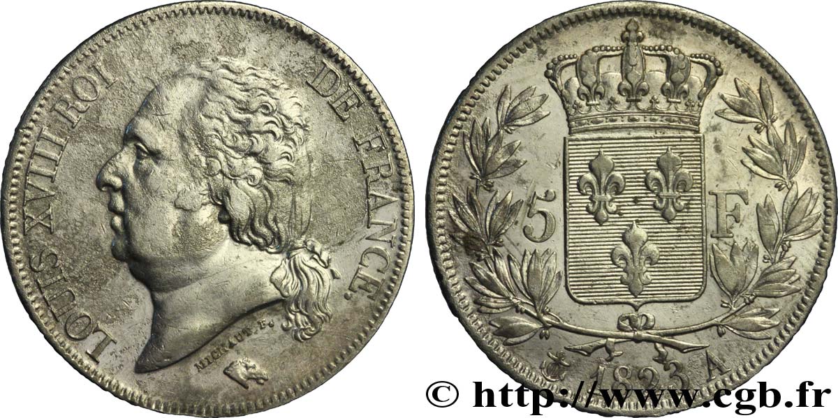 5 francs Louis XVIII, tête nue 1823 Paris F.309/76 TTB45 