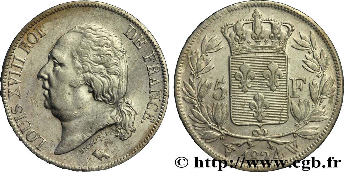 5 francs Louis XVIII, tête nue 1824 Lille F.309/98 XF42 