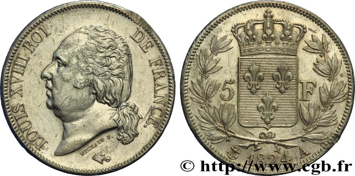 5 francs Louis XVIII, tête nue 1824 Paris F.309/88 TTB45 