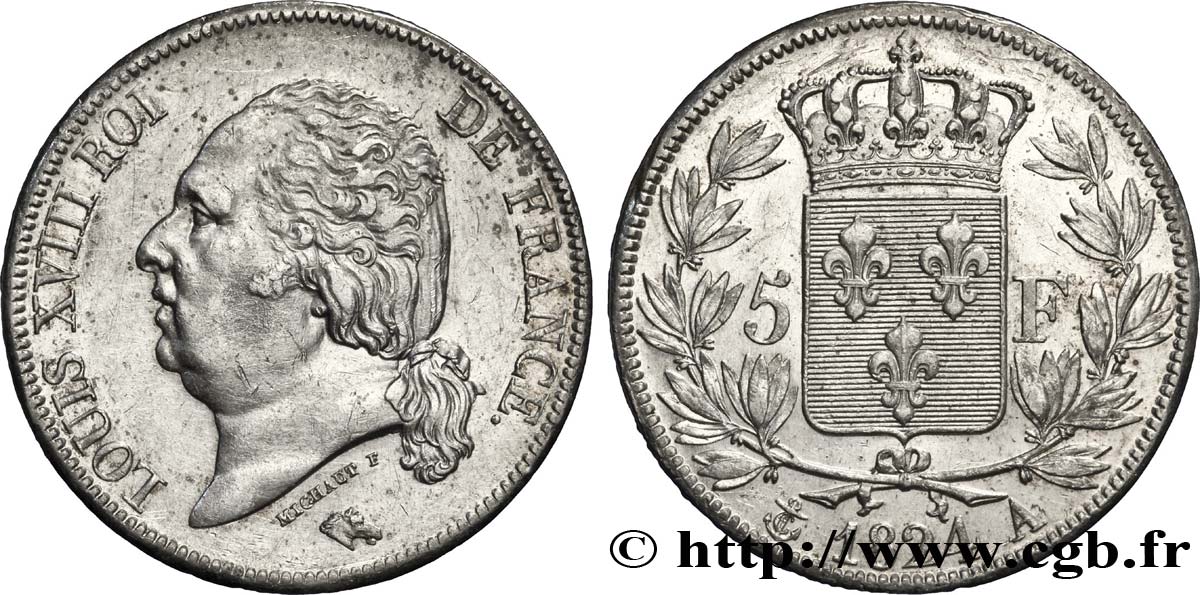 5 francs Louis XVIII, tête nue 1824 Paris F.309/88 MBC48 