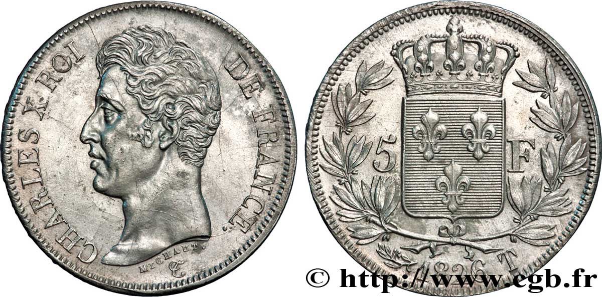 5 francs Charles X, 1er type 1826 Nantes F.310/26 AU50 