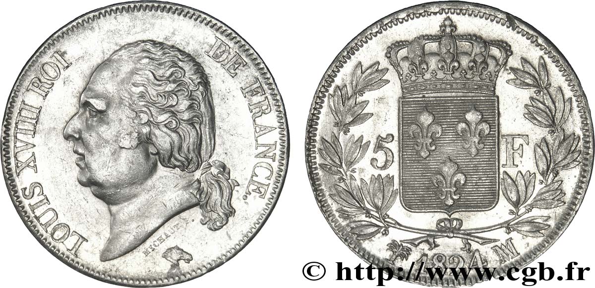 5 francs Louis XVIII, tête nue 1824 Marseille F.309/96 SS50 