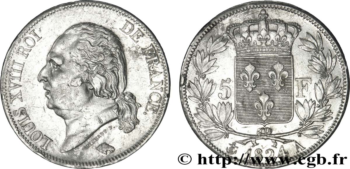 5 francs Louis XVIII, tête nue 1824 Paris F.309/88 TTB48 