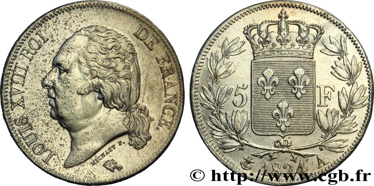 5 francs Louis XVIII, tête nue 1824 Paris F.309/88 XF45 