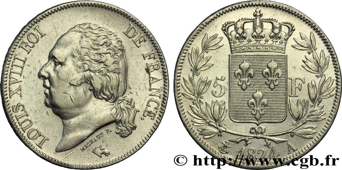 5 francs Louis XVIII, tête nue 1824 Paris F.309/88 TTB42 