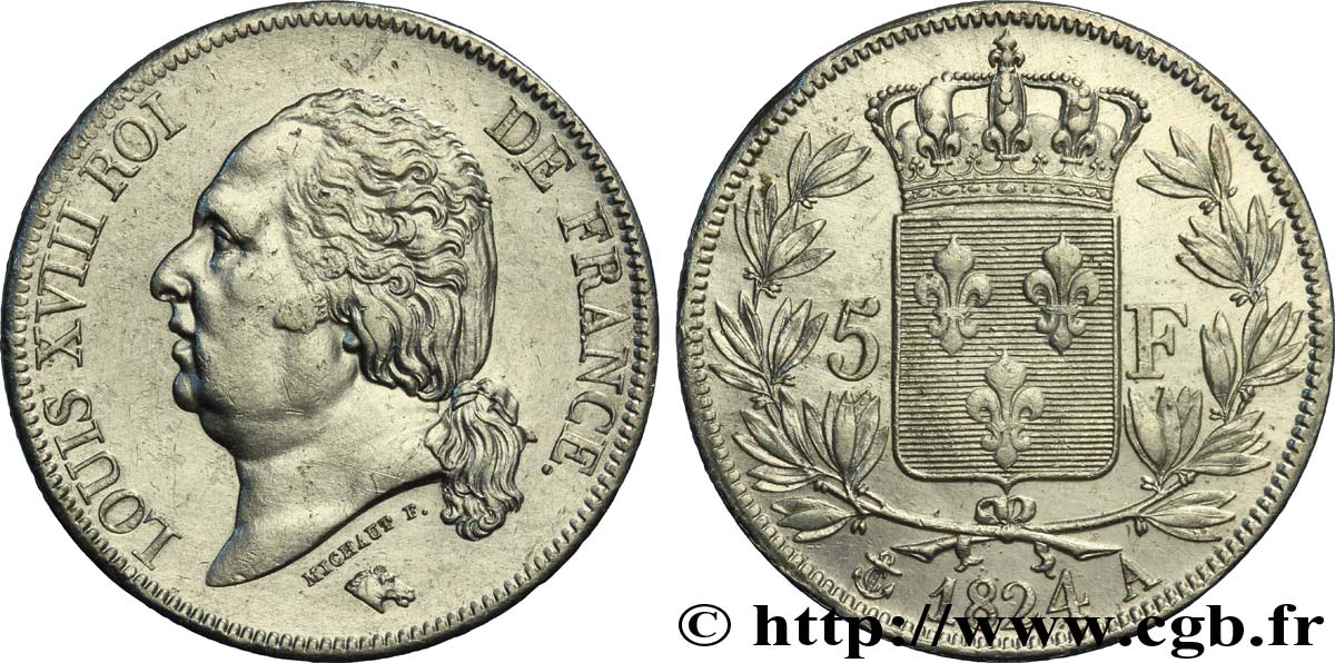 5 francs Louis XVIII, tête nue 1824 Paris F.309/88 XF45 