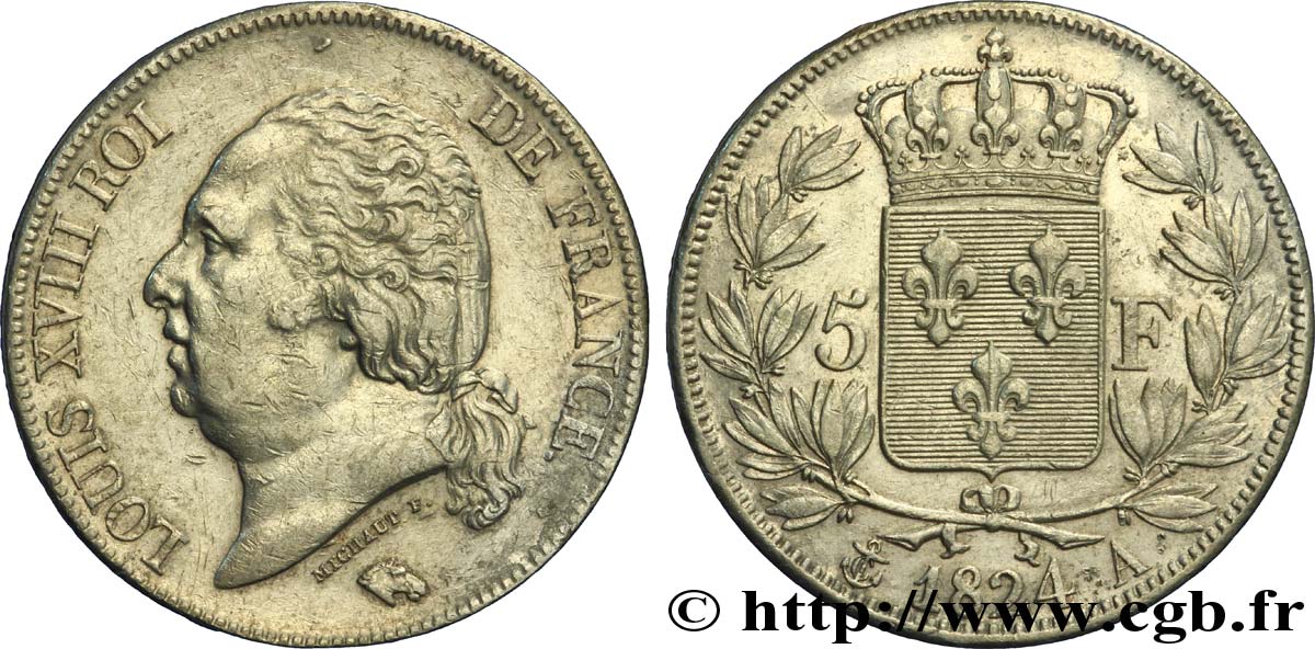 5 francs Louis XVIII, tête nue 1824 Paris F.309/88 TTB45 