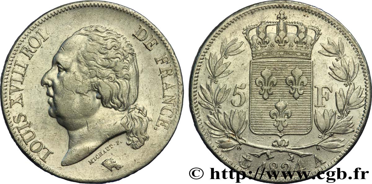 5 francs Louis XVIII, tête nue 1824 Paris F.309/88 VF35 