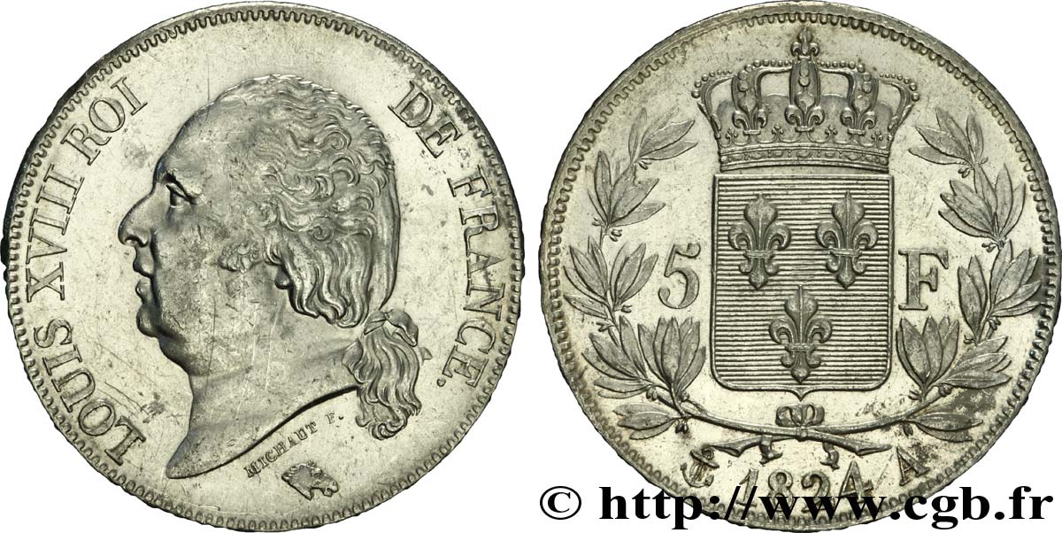 5 francs Louis XVIII, tête nue 1824 Paris F.309/88 SPL58 