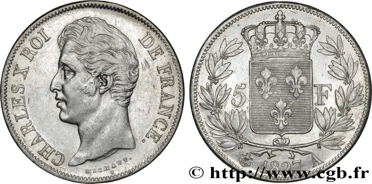 5 francs Charles X, 2e type 1827 Paris F.311/1 XF48 