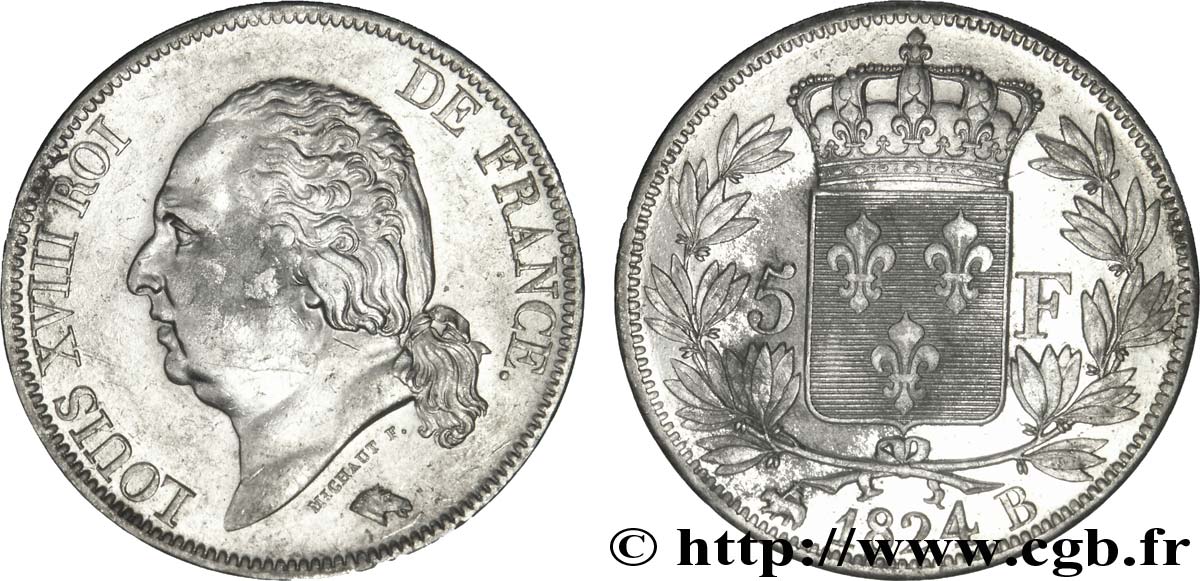 5 francs Louis XVIII, tête nue 1824 Rouen F.309/89 TTB54 