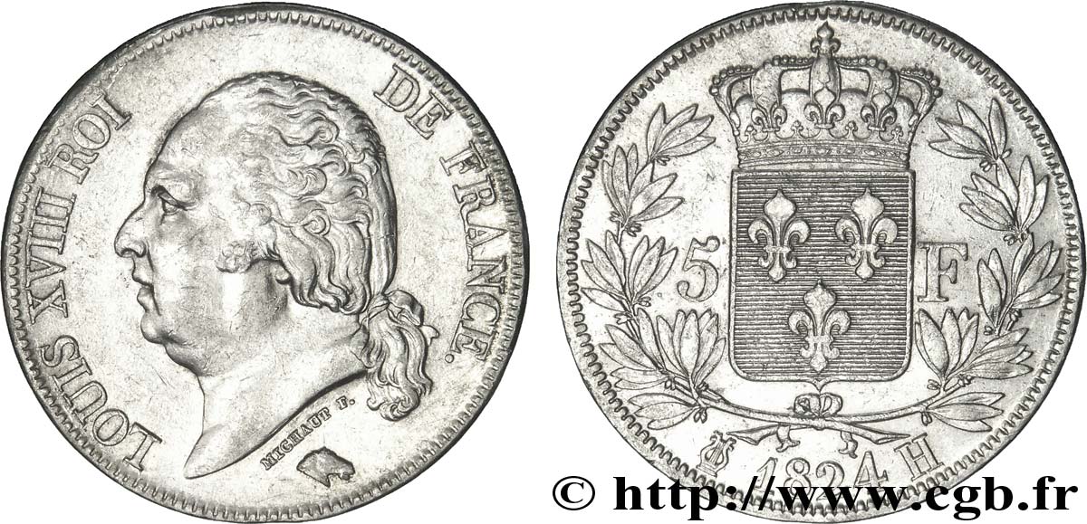 5 francs Louis XVIII, tête nue 1824 La Rochelle F.309/91 TTB45 