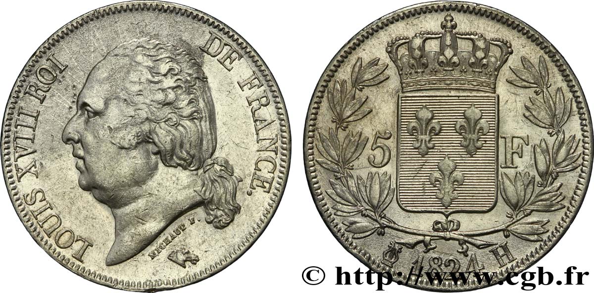 5 francs Louis XVIII, tête nue 1824 La Rochelle F.309/91 TTB40 