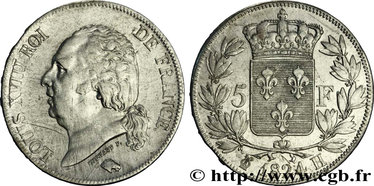 5 francs Louis XVIII, tête nue 1824 La Rochelle F.309/91 TTB40 