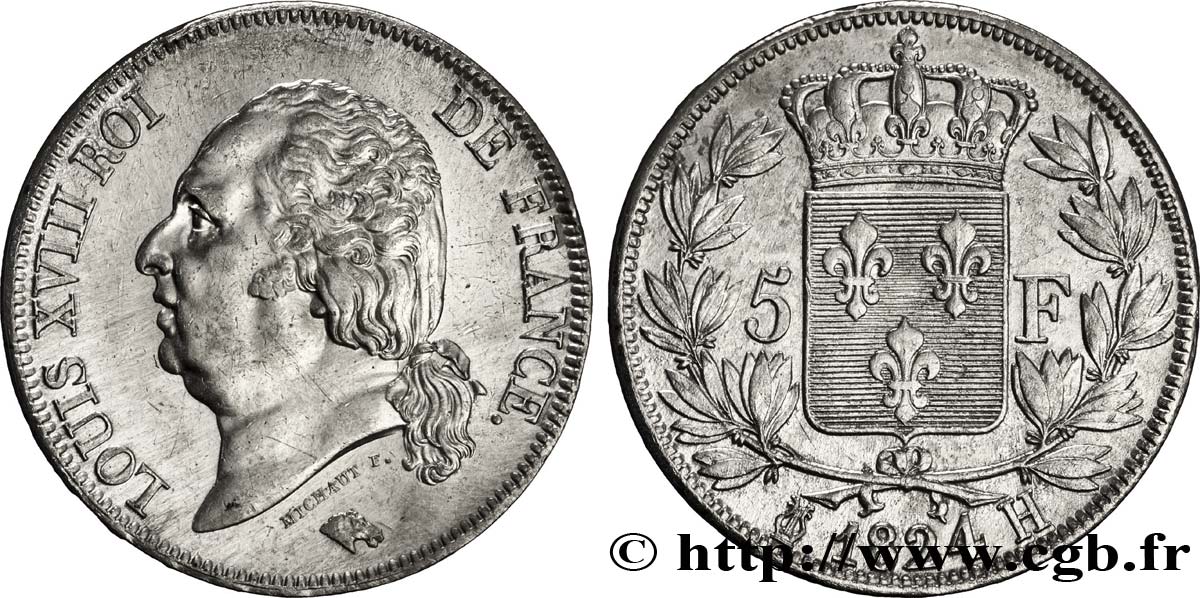 5 francs Louis XVIII, tête nue 1824 La Rochelle F.309/91 TTB45 
