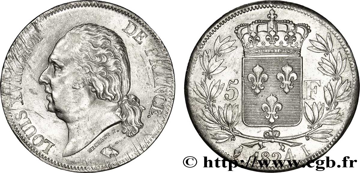 5 francs Louis XVIII, tête nue 1824 Limoges F.309/92 TTB50 