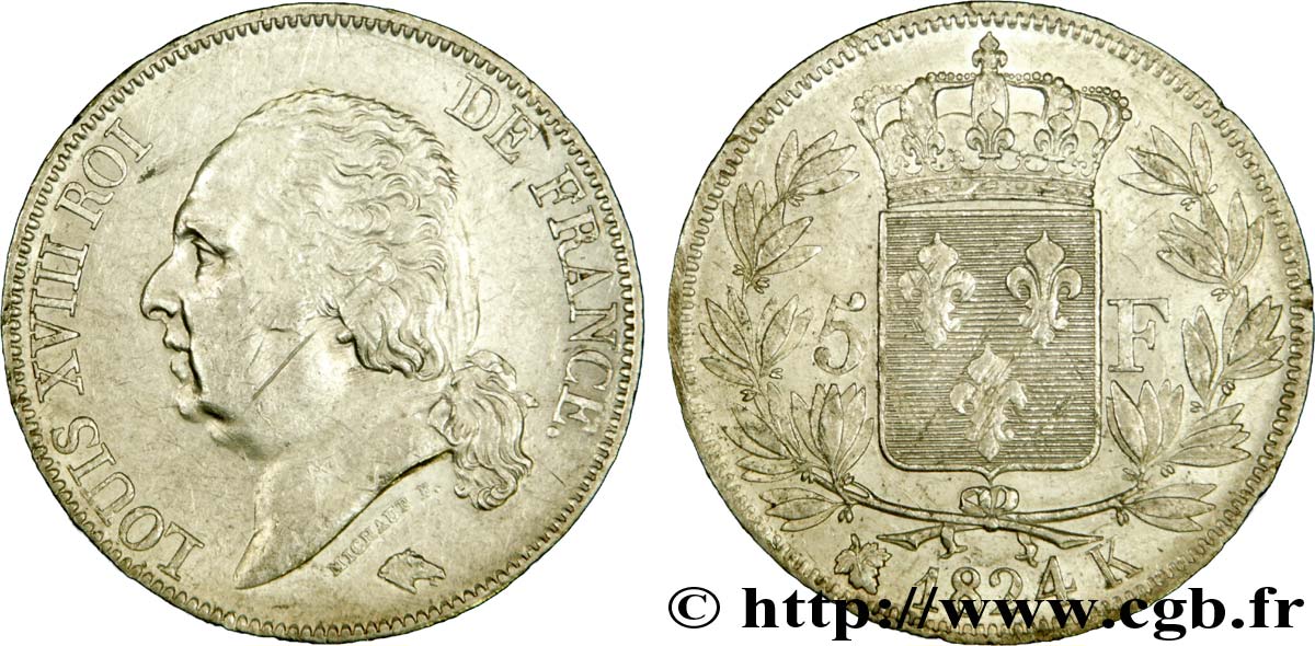 5 francs Louis XVIII, tête nue 1824 Bordeaux F.309/93 TTB48 