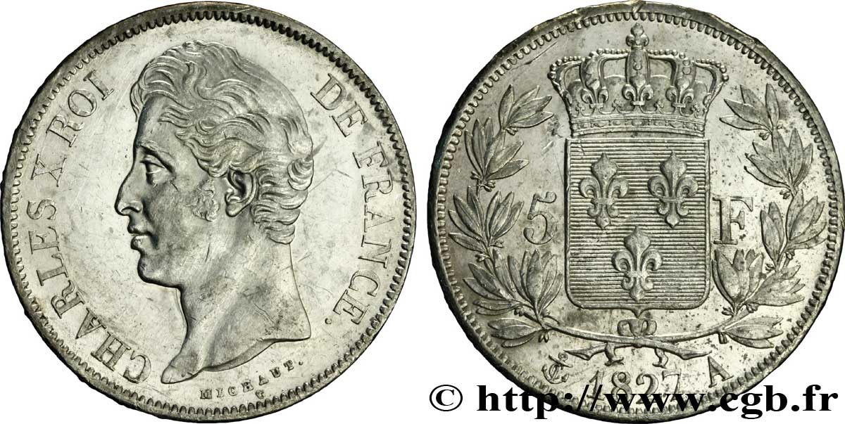 5 francs Charles X, 2e type 1827 Paris F.311/1 AU52 