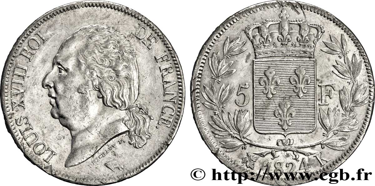 5 francs Louis XVIII, tête nue 1824 Bordeaux F.309/93 SS50 