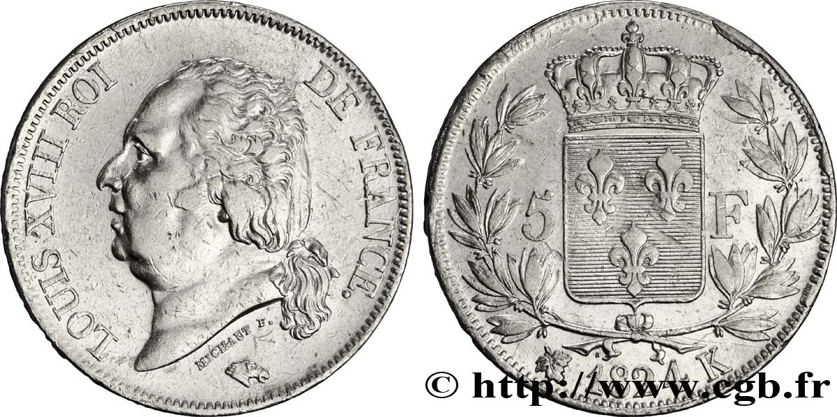 5 francs Louis XVIII, tête nue 1824 Bordeaux F.309/93 VF30 