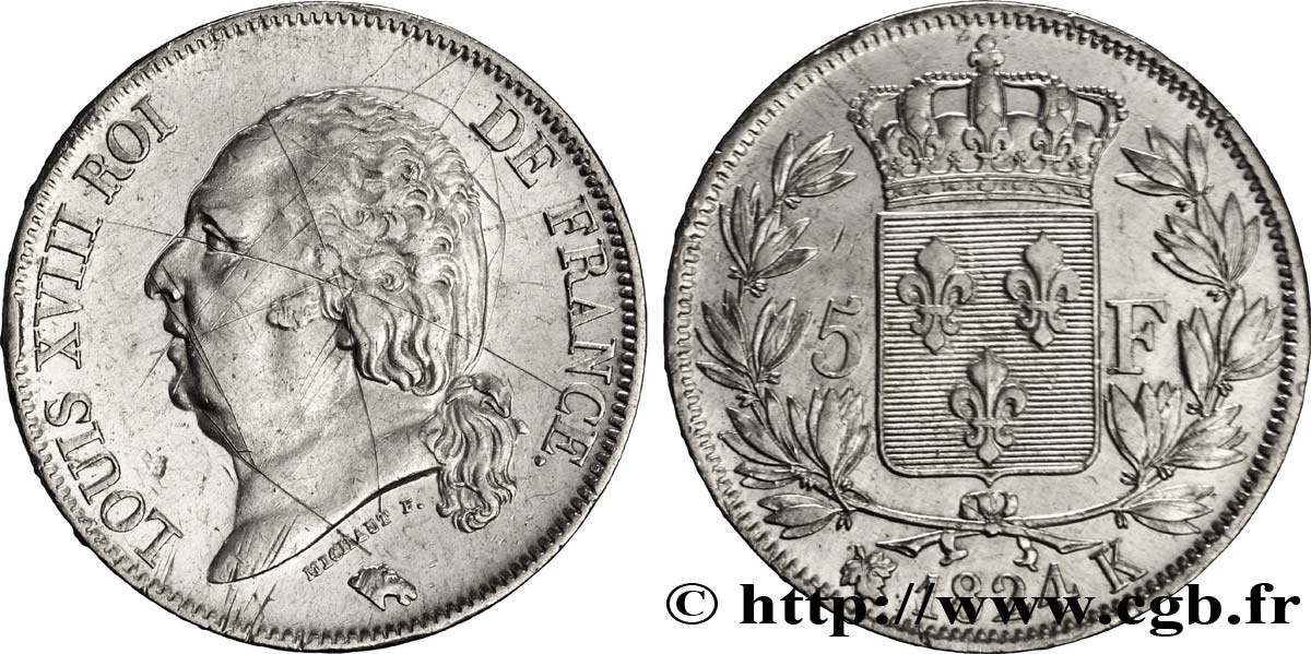 5 francs Louis XVIII, tête nue 1824 Bordeaux F.309/93 XF 