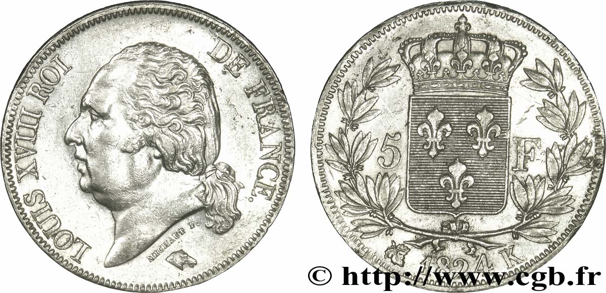 5 francs Louis XVIII, tête nue 1824 Bordeaux F.309/93 BB54 