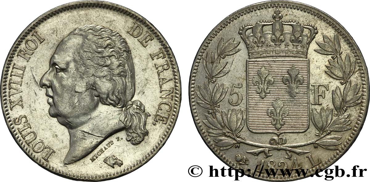 5 francs Louis XVIII, tête nue 1824 Bayonne F.309/94 S35 