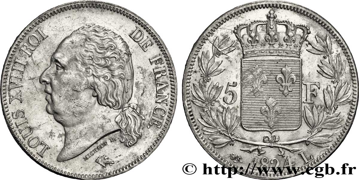 5 francs Louis XVIII, tête nue 1824 Bayonne F.309/94 AU50 