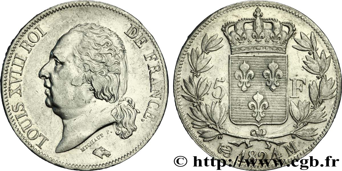 5 francs Louis XVIII, tête nue 1824 Toulouse F.309/95 BB45 