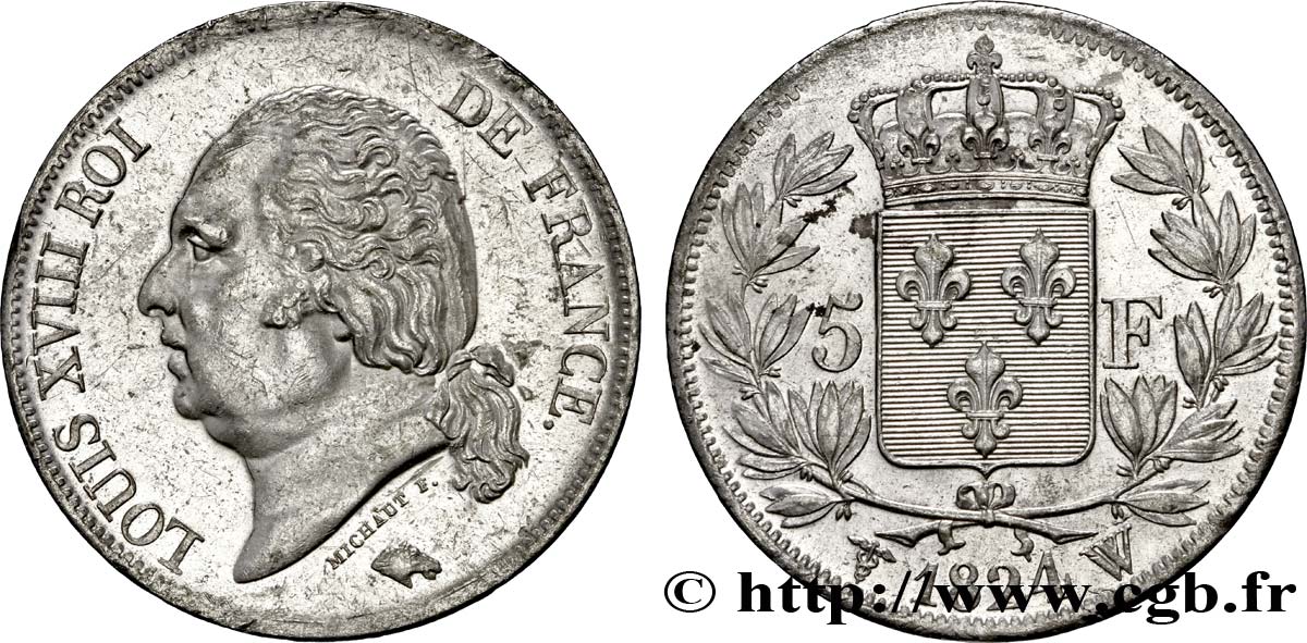 5 francs Louis XVIII, tête nue 1824 Lille F.309/98 SPL55 
