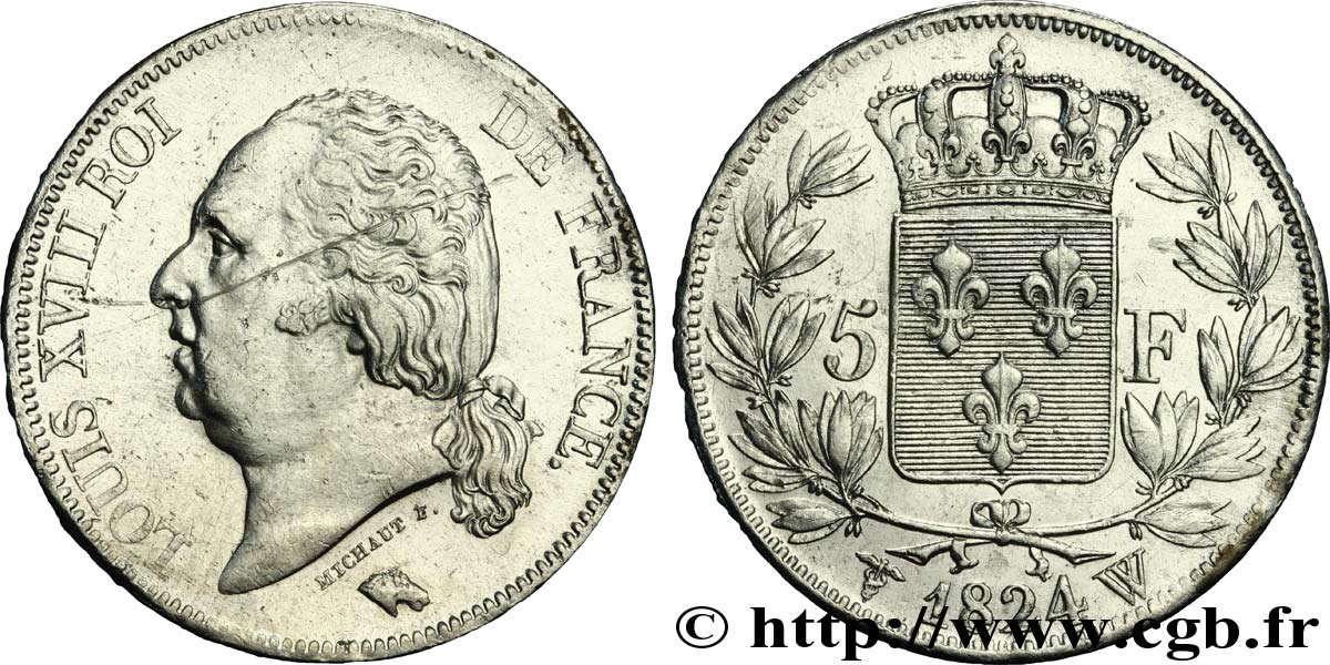 5 francs Louis XVIII, tête nue 1824 Lille F.309/98 SS45 