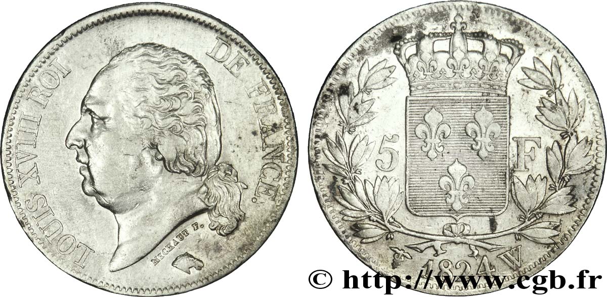 5 francs Louis XVIII, tête nue 1824 Lille F.309/98 MBC48 