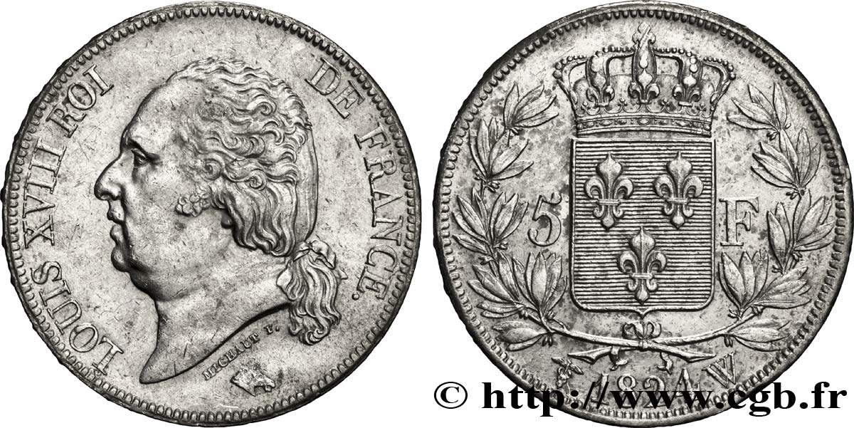5 francs Louis XVIII, tête nue 1824 Lille F.309/98 MBC48 