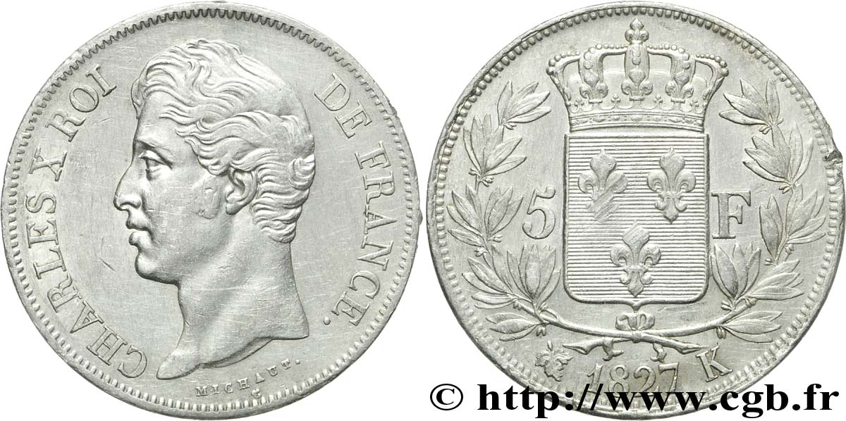 5 francs Charles X, 2e type 1827 Bordeaux F.311/7 SS50 