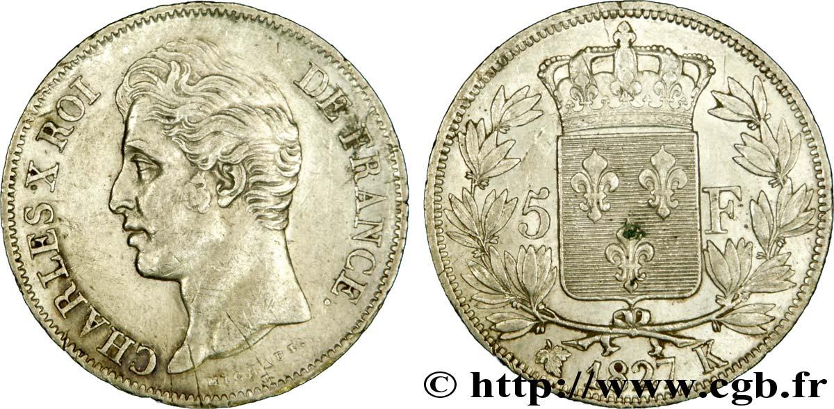 5 francs Charles X, 2e type 1827 Bordeaux F.311/7 SS50 
