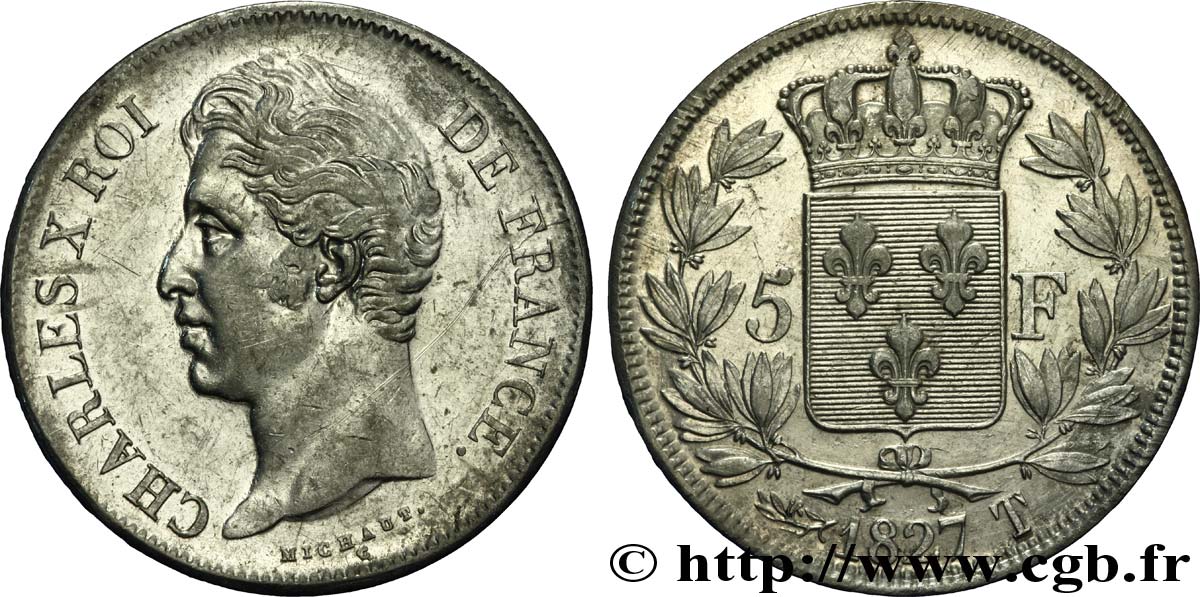 5 francs Charles X, 2e type 1827 Nantes F.311/12 XF42 