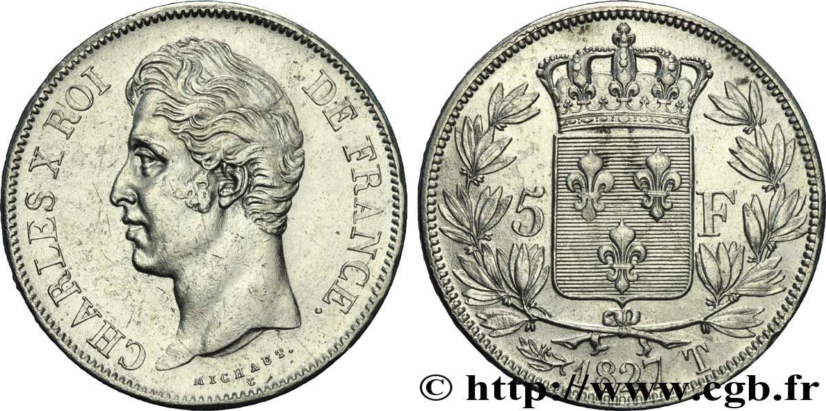 5 francs Charles X, 2e type 1827 Nantes F.311/12 AU50 