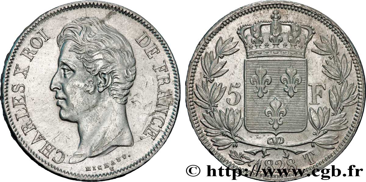 5 francs Charles X, 2e type 1828 Nantes F.311/25 AU52 
