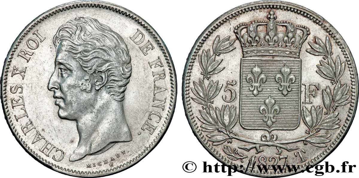5 francs Charles X, 2e type 1827 Nantes F.311/12 AU52 