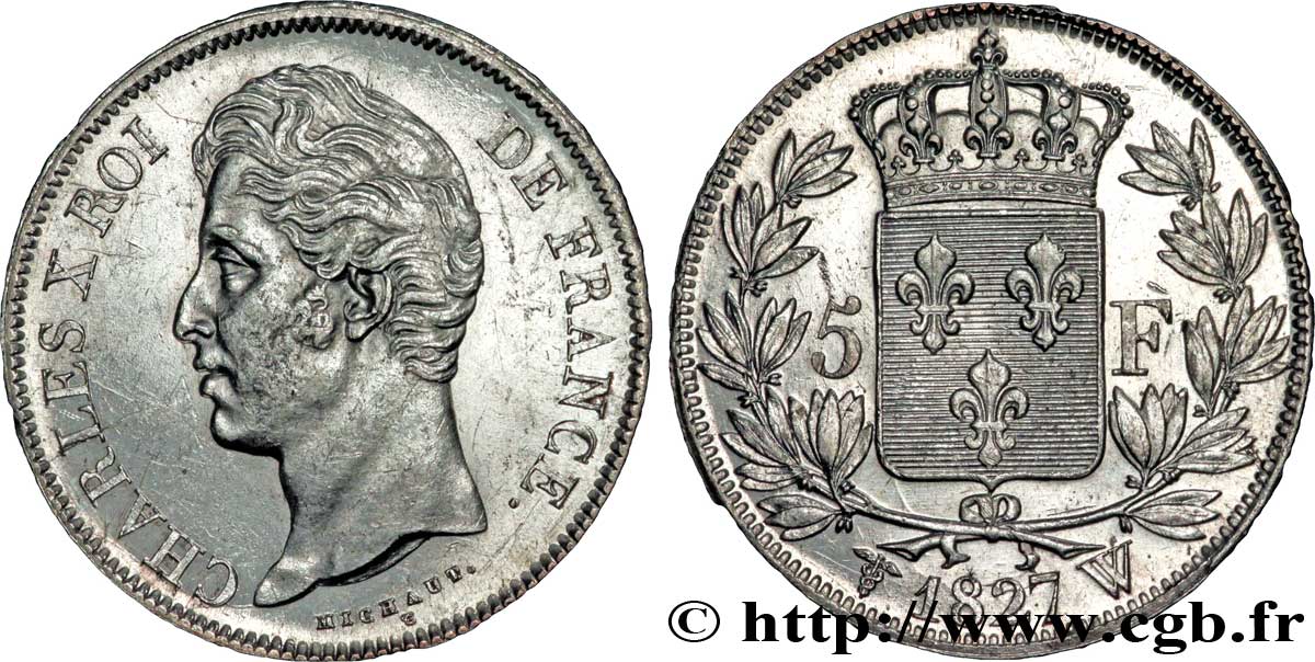5 francs Charles X, 2e type 1827 Lille F.311/13 AU58 