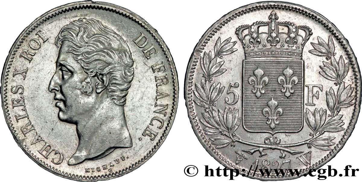 5 francs Charles X, 2e type 1827 Lille F.311/13 SPL55 