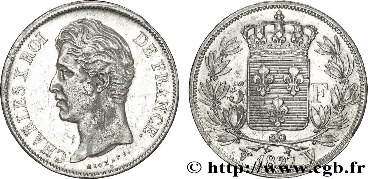 5 francs Charles X, 2e type 1827 Lille F.311/13 AU50 