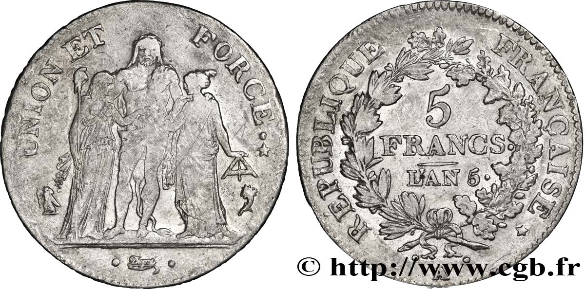 5 francs Union et Force, Union serré, seulement gland extérieur 1797 Paris F.288/11 MBC40 