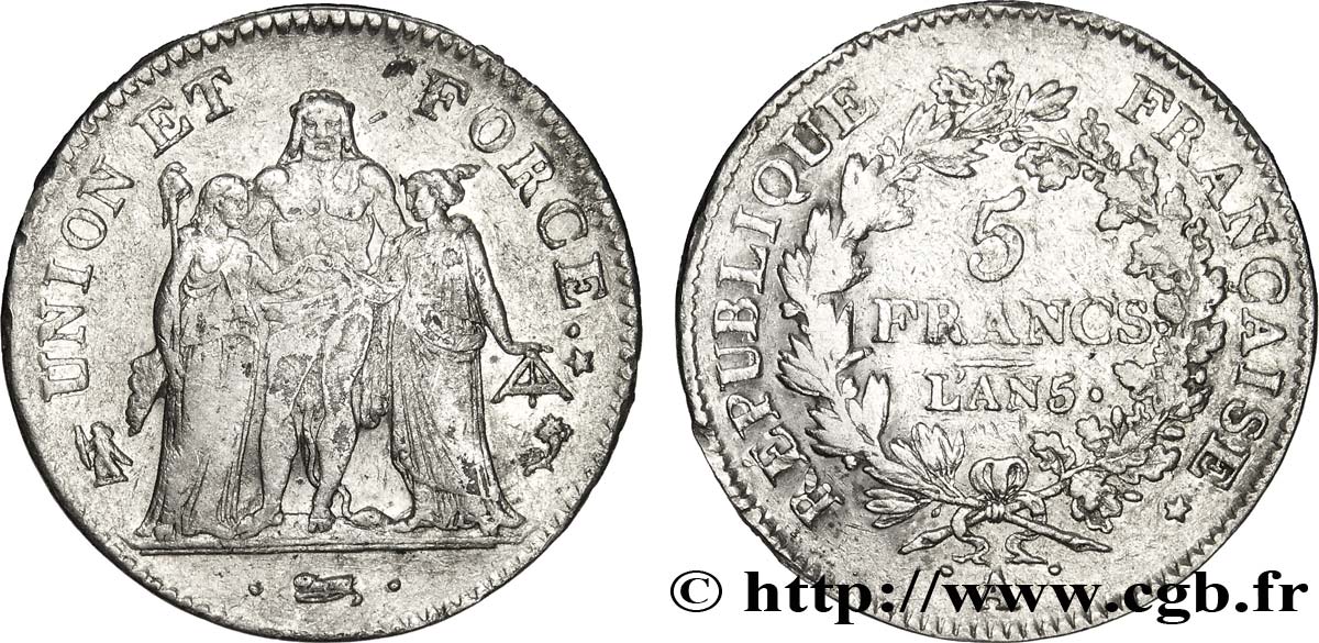 5 francs Union et Force, Union desserré, seulement gland extérieur 1797 Paris F.291/2 BB40 
