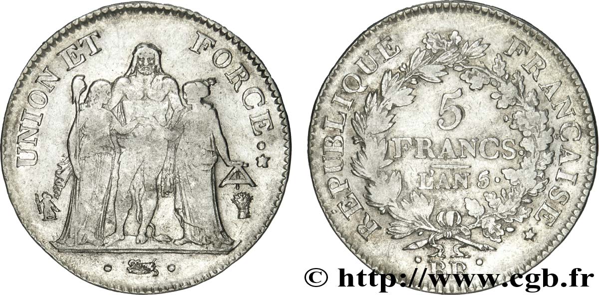 5 francs Union et Force, Union serré, avec glands intérieurs et gland extérieur 1797 Strasbourg F.288/16 TB38 
